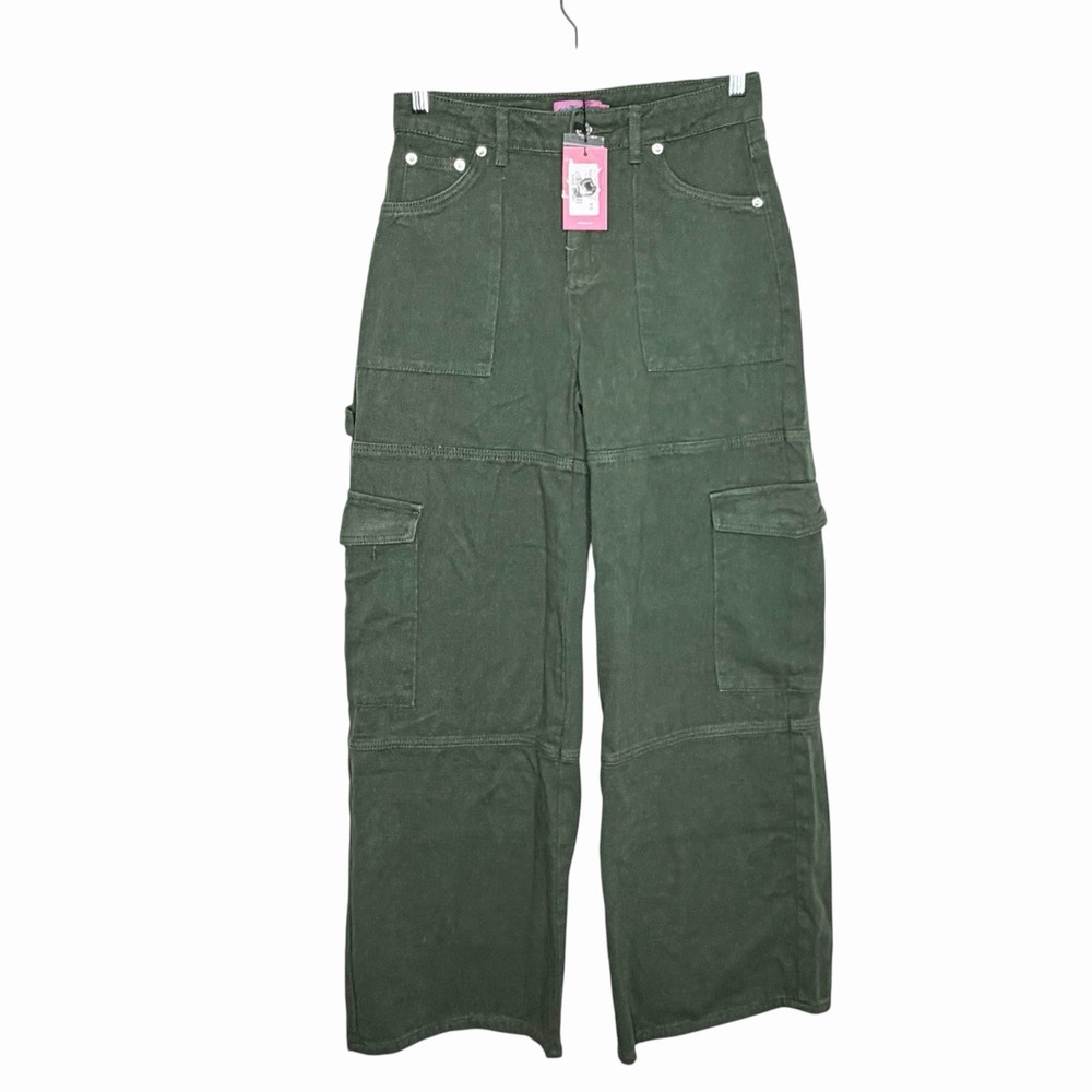 Edikted High Rise Cargo Utility Pants Olive Green Womens XS Wide Leg Y2K Grunge